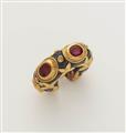 Three optionally combinable 18k gold black enamel diamond resp. ruby hoop earrings. - image-2