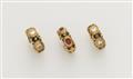 Three optionally combinable 18k gold black enamel diamond resp. ruby hoop earrings. - image-1