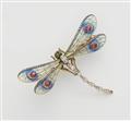 An Art Nouveau 18k gold enamel plique-à-jour diamond and ruby tremblant dragonfly brooch. - image-1