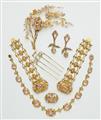 A possibly English George III 14k gold repoussé and cut pink glass jewellery suite with modifications, minor losses and repairs. - image-2