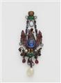 A silver enamel various gemstone and Ceylon sapphire Renaissance style pendant depicting a bird of paradise on a perch. - image-1