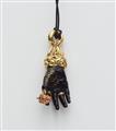 A German 18k gold enamel hand pendant holding a strawberry. - image-2