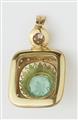 A German 18k gold diamond and light green emerald pendant and matching ring. - image-4