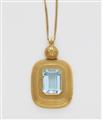 A German 18k gold granulation and emerald-cut aquamarine pendant with attached chain. - image-1