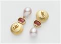 A pair of German 18k gold, pink tourmaline and cultured pearl droplet stud earrings. - image-2