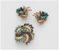 A French 14k gold diamond sapphire and turquoise clip brooch and pair of clip earrings. - image-1
