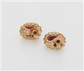 A pair of French 18k yellow gold "Genre Cambridge" diamond and ruby cabochon clip earrings. - image-2