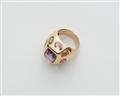 An 18k rose gold domed Chanel style cocktail ring with coloured gemstones. - image-2