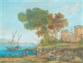 French School 18th century - Two harbour scenes with antique buildings - image-2