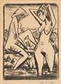Otto Mueller - Im Wasser stehendes und am Ufer sitzendes Mädchen mit Hut (Mädchen im Bade) - image-1