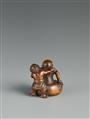 A boxwood netsuke of Daruma or rakan being washed by an oni. Second half 19th entury - image-2