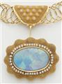 A German hand-forged 18k gold wire necklace with a large granulation and black opal pendant brooch. - image-2