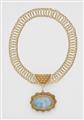 A German hand-forged 18k gold wire necklace with a large granulation and black opal pendant brooch. - image-1