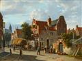 Adrianus Eversen - Pair of paintings: Summer View of a Town with a Haywain and Figures
Dutch Canal Scene with Figures and a Barge - image-1