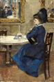 Lesser Ury - Dame im blauen Kleid im Café (Lady with Blue Dress in café) - image-1