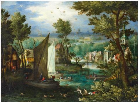 Jan Brueghel d. Ä. - FLUSSLANDSCHAFT MIT BADENDEN UND SEGELBOOTEN