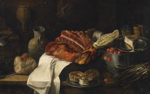 Francisco Barranco - STILL LIFE WITH MEAT, BREAD, CHERRIES AND OTHER OBJECTS IN A KITCHEN INTERIOR
