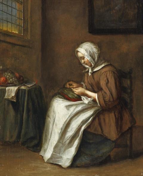 Netherlandish School, 17th Century - YOUNG WOMAN SEWING