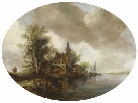 Frans de Hulst - RIVER LANDSCAPE WITH CHURCH AND FERRY BOAT