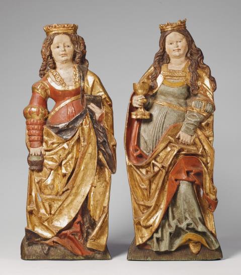 Swabia - A PAIR OF SWAIBAN CARVED WOOD HIGH RELIEF FIGURES OF SAINT DOROTHEA AND SAINT BARBARA, SECOND HALF 15TH CENTURY