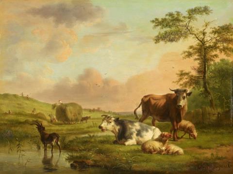 Balthasar Paul Ommeganck - LANDSCAPE WITH HAY HARVEST AND ANIMALS