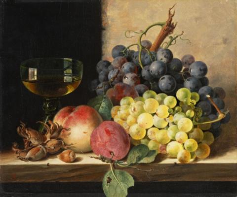 Edward Ladell - A STILL LIFE OF GRAPES, PLUMS, HAZELNUTS, A PEACH, AND A WINE GLASS ON A LEDGE