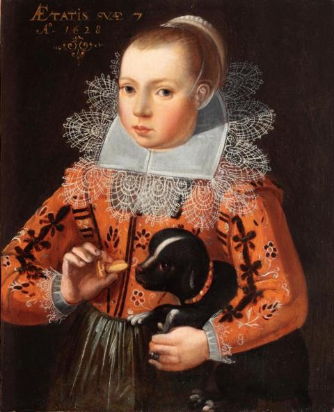 Flämischer Meister datiert 1628 - BILDNIS EINES MÄDCHENS MIT KING CHARLES SPANIEL