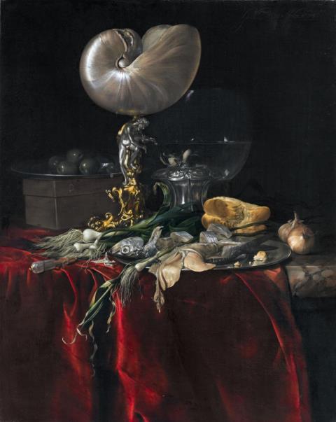 Willem van Aelst - STILL LIFE WITH FISH, BREAD, AND A NAUTILUS CUP