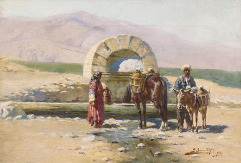 Richard Karlovich Zommer - LANDSCAPE IN THE CAUCASUS WITH HORSE TROUGH
