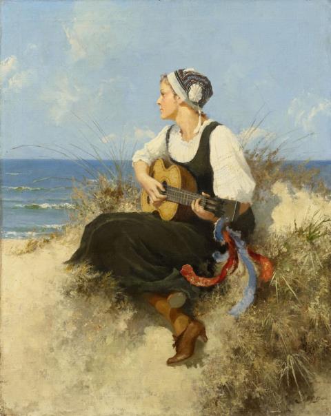 Hermann Seeger - YOUNG WOMAN WITH A GUITAR ON A BEACH
