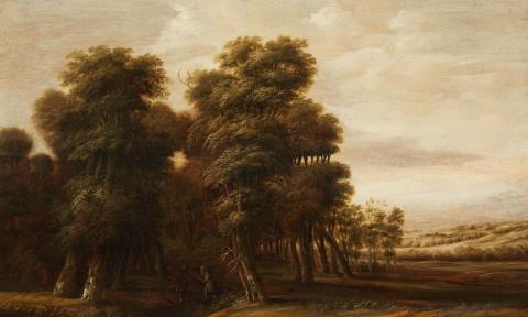 Jacob van Geel - A WOODED LANDSCAPE WITH TRAVELLERS