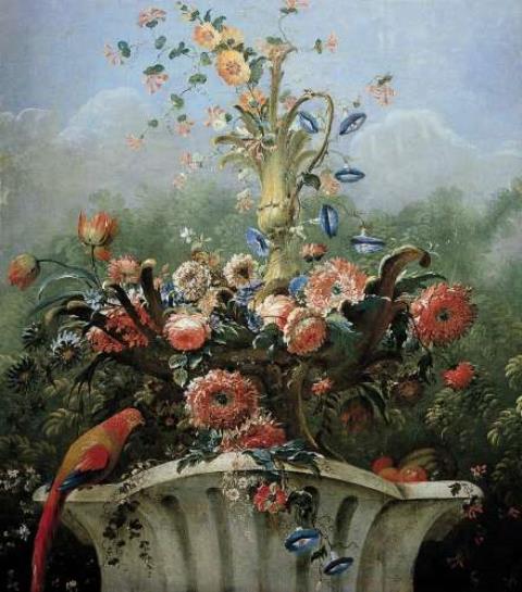 Johann Martin Metz - FLORAL STILL LIFE IN A STONE VASE WITH A PARROT