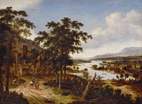 Dionys Verburg - RIVER LANDSCAPE WITH TRAVELLERS AND HORSEMAN