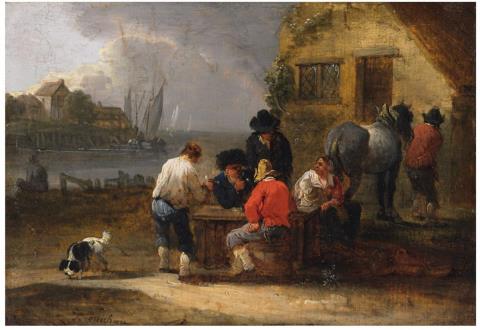 Theobald Michau - VIEW OF A HARBOUR WITH DRINKING PEASANTS