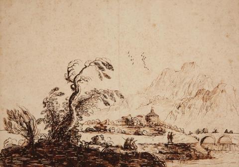 Giovanni Francesco Barbieri, called Il Guercino - A MOUNTAINOUS LANDSCAPE WITH RIVER AND FISHERS