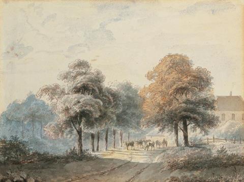 Jan Jacob Spohler - A TREE LINED RURAL ROAD WITH CATTLE AND A FARMHOUSE