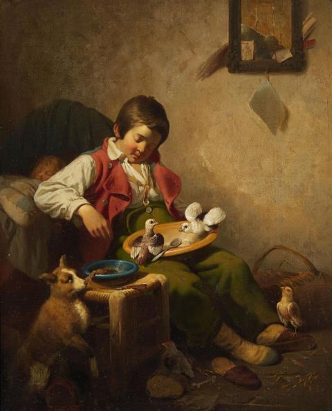 Ferdinand Marohn - Schlafender Junge mit Tauben und Hund