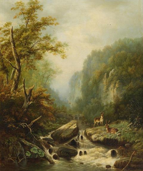 Johann Gottfried Steffan - Landscape with two Deer by a Mountain Stream