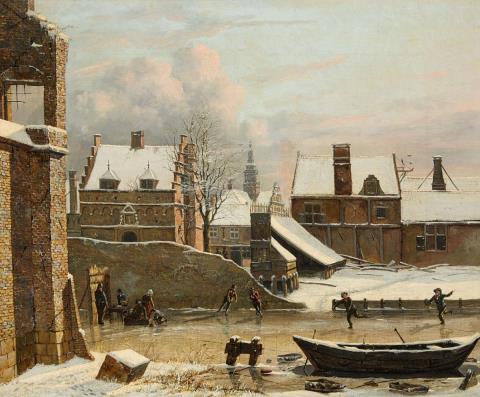 Hendrik Gerrit Ten Cate - View of a City in Winter with Ice Skaters