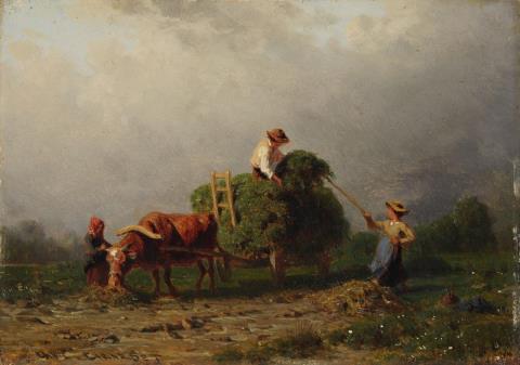 Karl Girardet - Hay Harvest beneath a Gathering Storm
