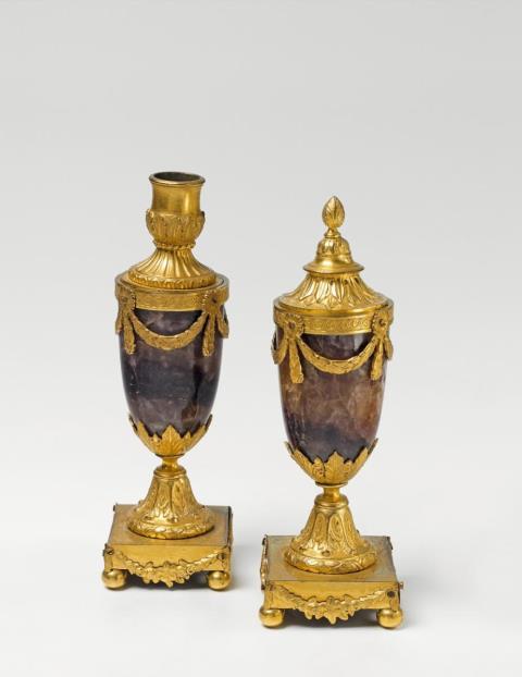 Matthew Boulton - A pair of English fire-gilt bronze, copper and "blue John" cassolettes