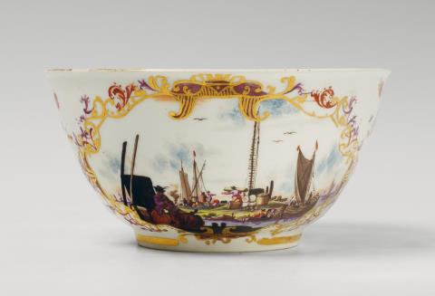 Christian Friedrich Herold - A Meissen slop bowl with delicately painted Kauffahrtei scenes and indianische Blumen.