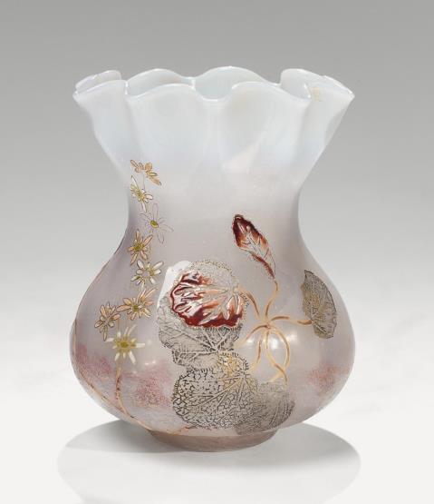 Emile Gallé - A small etched clair-de-lune glass Gallé vase with enamel and gilt decor