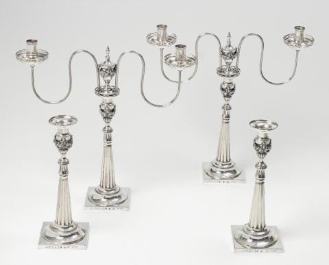 Christian Gottlieb Schneider - A pair of Breslau silver girandoles and a pair of candlesticks, monogrammed "L.H.E.v.S.". Marks of Christian Gottlieb Schneider, 1796.