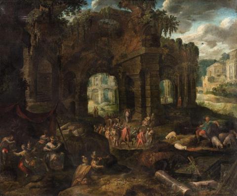 Gillis Claesz de Hondecoeter - Roman Landscape with Ruins and a Carneval Procession