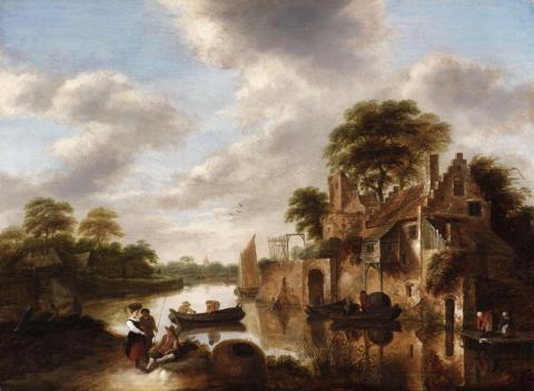 Klaes (Nicolaes) Molenaer - Water Landscape with a large House and Figures