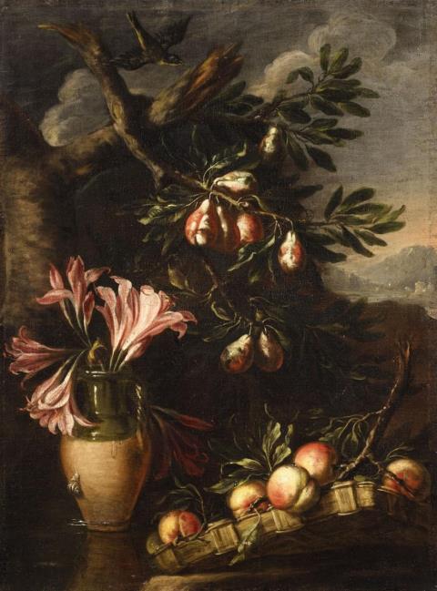 Felice Boselli - Vase mit Lilien, Obstzweigen und Landschaft im Hintergrund