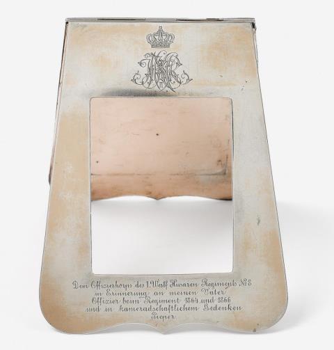 Gabriel Hermeling - A Cologne silver menu holder with remains of gilt previously belonging to the casino of the 8th Regiment of Prussian Hussars.