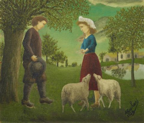 Andre Bauchant - La demande en mariage (Couple de paysan avec des moutons)
