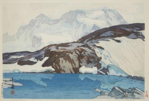 Hiroshi Yoshida - a) 26.9 x 39.3 cm. Title: Buraitohorunyama; Breighthorn [sic] (in pencil). View of mountains, glacier and lake. Signed: Yoshida; Hiroshi Yoshida (in pencil). Seal: Edelweiss. Ji...